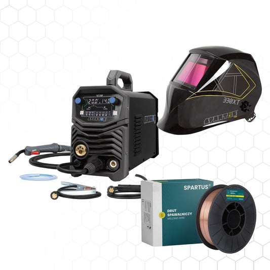 MIG-aloituspaketti: SPARTUS EasyMIG 210 Pulse, Pro 330XT -maski ja SG2-lanka 5 kg