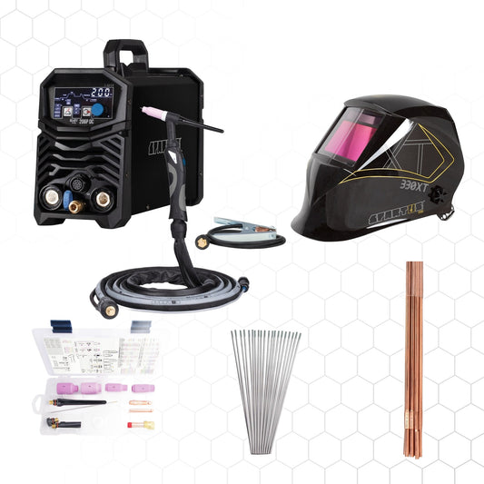 TIG-aloituspaketti: SPARTUS EasyTIG 206P DC, Pro 330XT -maski, TIG BOX -kulutusosasarja, volframit ja TIG-lanka